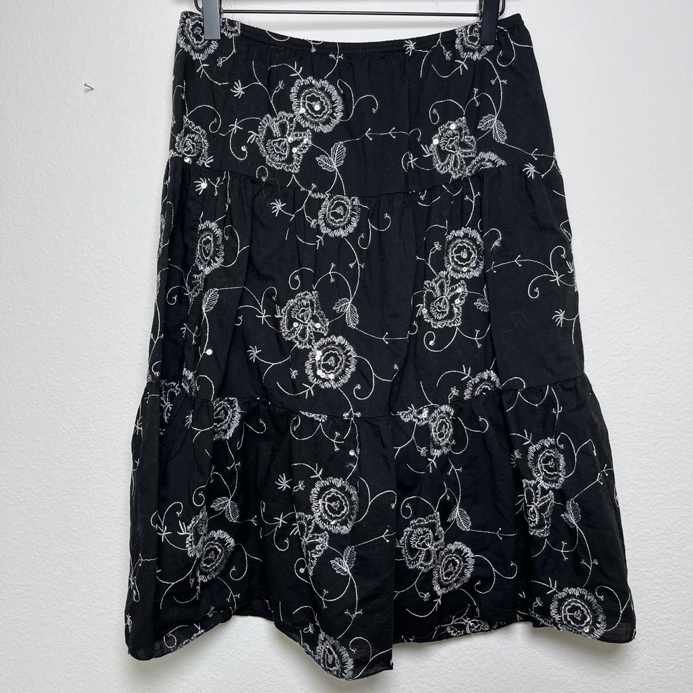 VTG 90s Women Whimsigoth Midi Skirt Medium Black Sequins Embroidered Fairy Grung